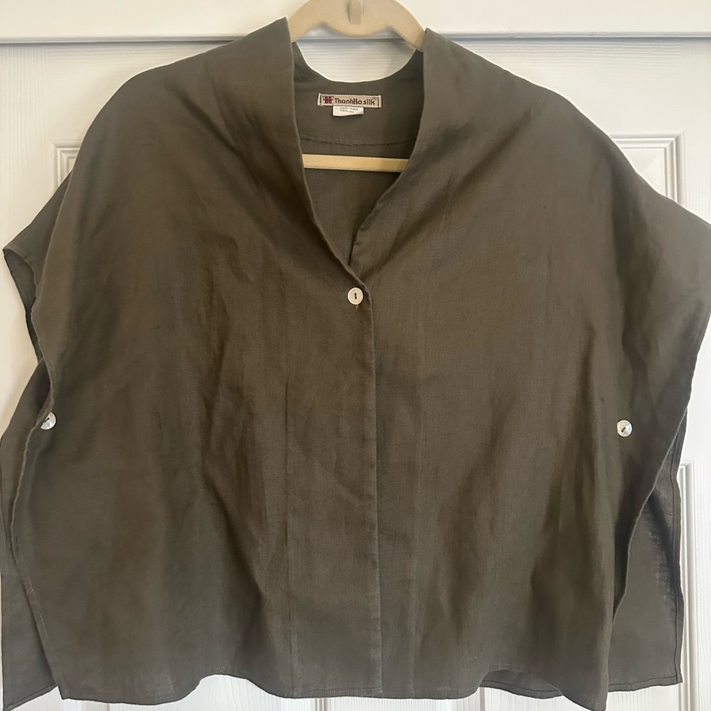 Flax Green Oversized Button Down Shirt with Mandarin Collar